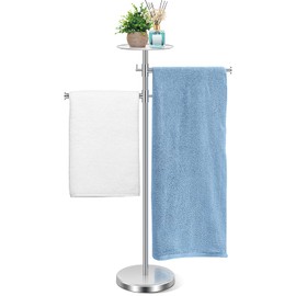 Zevemomo Freestanding Towel Rack w/ 360° Rotating & Adjustable Width/Height Bar, Bathroom Standing Metal Hand Towel Rack, Towel Drying Holder w/Storage Tray, Towel Swivel Stand for Kitchen, Pool