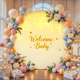 7.2 FT Beige Round Backdrop Cover with Lights String for Circle Arch Stand Circle Backdrop Covers with LED Fairy Lights for Wedding Arch Bridal Baby Shower Birthday Party Photo Photography Background