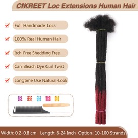 Wine Red Dark Red Tips Loc Extensions Human Hair Dreads Extensions Men Women Dreadlock Extensions Real Human Hair Loc Extension Handmade Permanent Locs Hair Extensions (0.6cm T99J 8 Inch 30 Strands)