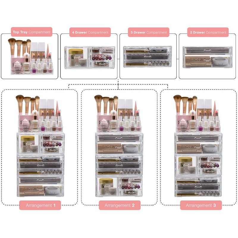 Sorbus Large Clear Makeup Organizer - Detachable 4-Piece Jewelry &