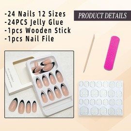 Jremg French Tip Press-on Nails - Medium Almond Shaped, Glossy Black With White Line Design - Full Cover Acrylic Nails for Women and Girls - DIY Manicure Set 24Pcs