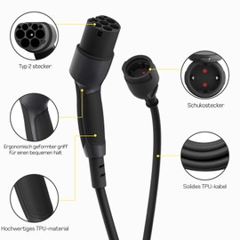 dé Adapter Typ 2 auf Schuko - Elektroauto Ladestecker, 16A 1.5m. Einfaches Laden an Ladestationen/Wallboxen trotz Verwendung von 230V Ladegeräten für E-Bike, E-Scooter, Motorrad. IP55 Nicht für V2L
