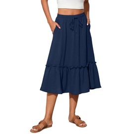 Witsmile Womens Casual Midi Skirt with Pockets Pleated Skirts for Women Trendy Summer(Navy Blue,S)