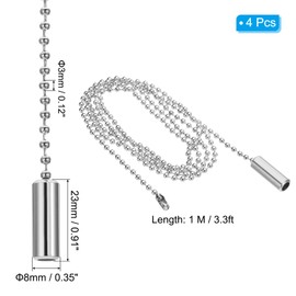 PATIKIL 1M 3.3ft Ceiling Fan Pull Chain, 4 Pcs Beaded Pulls Cord Extender Cylinder Pendant for Fan Light Chandelier Table Lamp Pulling Switch, Silver Tone