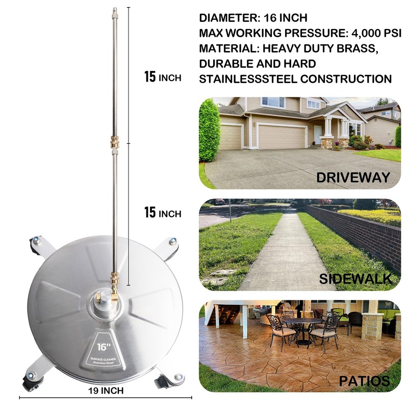 Hourleey 16" Pressure Washer Surface Cleaner, Stainless Steel Surface Cleaner