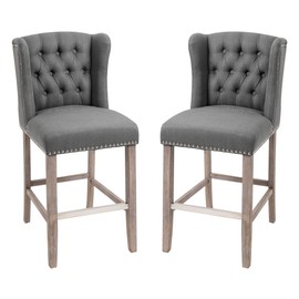 HOMCOM 2 Pack Counter Height Nailhead-Trim Barstools with Tufted Back, Solid Wood Legs, and Footrest, 41" H, Deep Grey