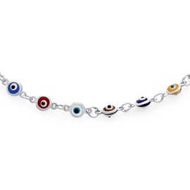 Protection Amulet Turkish Multi Color Charm Slender Evil Eyes Anklet Link Ankle Bracelet For Women Teen .925 Sterling Silver 9 Inch