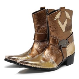 Santimon Mens Metallic Gold Casual Western Boots – Genuine Leather Mid‑Calf Cowboy Boots with Metal Toe & Golden Leather Buckle for Festival Stages & Concert Nights Party Gold-A 11.5 US