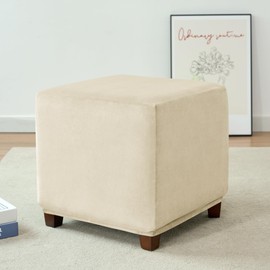 HFCNMY Ottoman Cover Square,Stretch Velvet Square Ottoman Cover Thick Ottoman Slipcover Square Washable Storage Ottoman Cover Foot Stool Cover with Elastic Bottom Beige Small