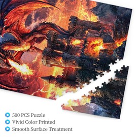 Dragon Puzzle for Adults 500 Pieces Fantasy Red Dragon Fire Castle Puzzles Colorful and Unique Challenging Puzzle for Game Nights