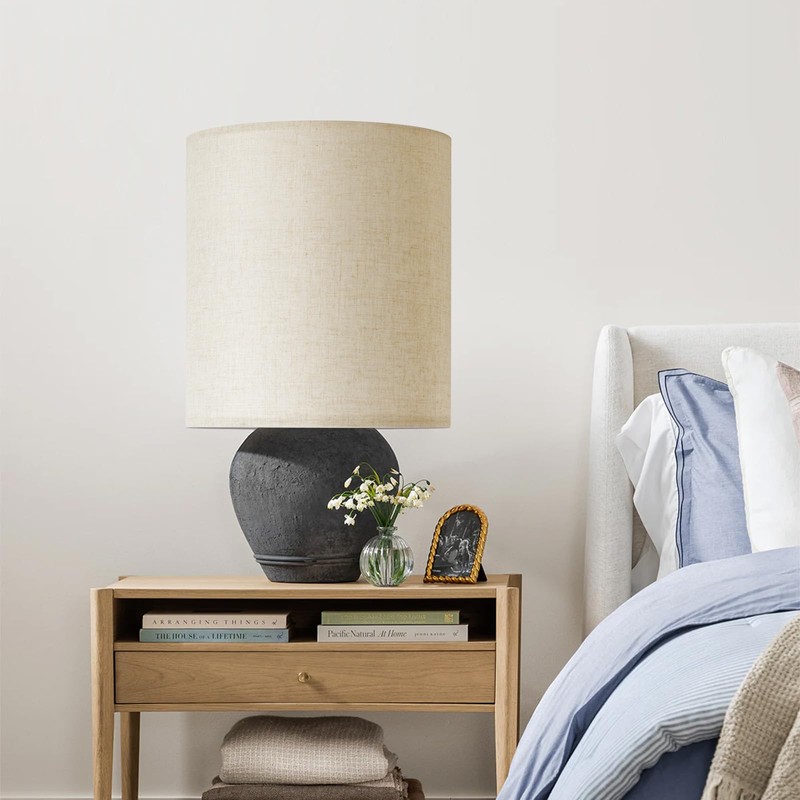 Beige Linen Tall Drum Lampshade, 11" Top x 11" Bottom
