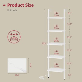 Tajsoon 5 Tier Ladder Bookshelf with Light, Wall Mounted Book Shelf, Wooden Wall Mounted Ladder Bookshelf with Metal Frame, Industrial Ladder Shelf for Office, Living Room, Bedroom, White