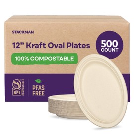 Stack Man 100% Compostable Oval Paper Plates 12.5 inch [500-Bulk Pack] - (PFAS-Free) - (BPI Certified) Heavy Duty, Eco-Friendly, Biodegradable Bagasse Dinner Plates - Natural Brown 12.5" Plate