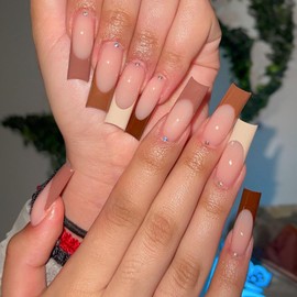 Fall Press on Nails Long Square SWEKKE French Tip Fake Nails Brown Full Cover False Nails with Nail Glue Rhinestones Glossy Glue on Nails Acrylic Nails Manicure Artificial Nails for Women Girls 24Pcs