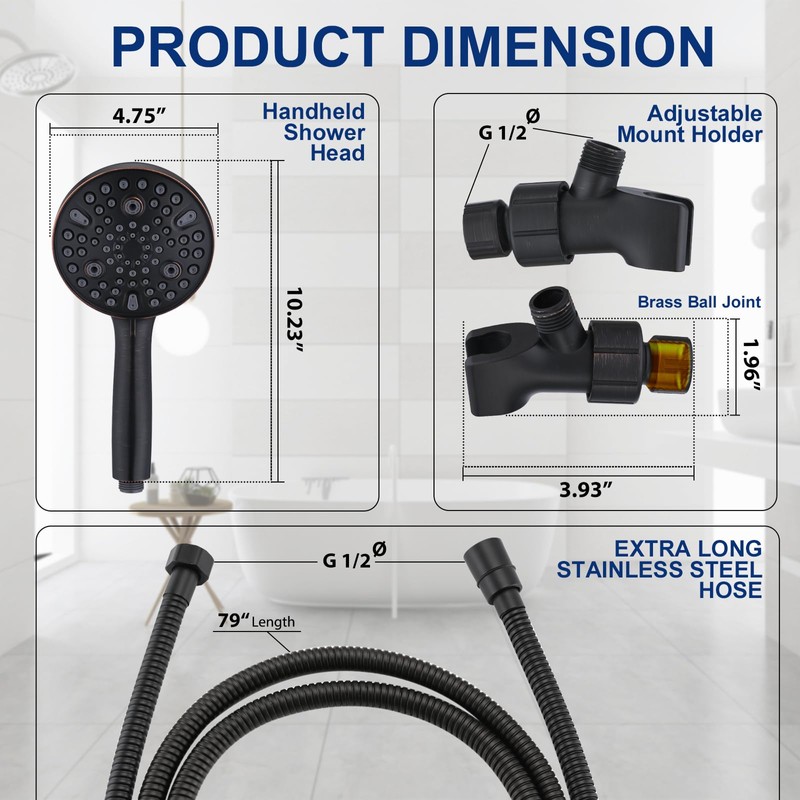 High Pressure 10 Setting Handheld Shower Head, 5" Detachable Showerhead