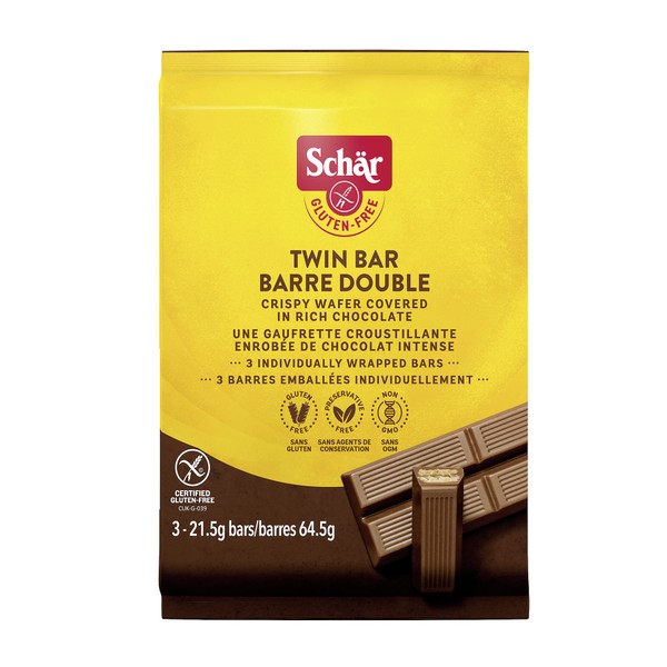 SCHAR Gluten-Free Twin Bar Chocolate Cookies - Non-GMO, Preservative-Free Wafer Cookies with Rich Milk Chocolate, 64.5g