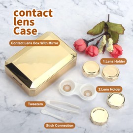 ofone Contact Lens Case, 2 Pack Contact Lenses Holder Cases Kit with Removel Tool Tweezers Mirror Portable Contacts Container Storage Box for Travel (Gold)