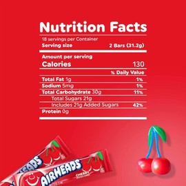 Airheads Full-Size Candy Bars, Taffy Candy Bulk Pack, Individually Wrapped, Cherry Fruit Flavor Artificially Flavored, 36 Count Box
