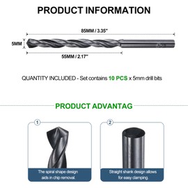 METALLIXITY Drill Bit (5mm) 10Pcs, 4241 High-Speed Steel Straight Shank Nitriding Black 118° for Wood Plastic Iron Copper Aluminum Low Soft Metal