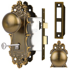 CEYMIO Mortise Lock Door Knobs Interior Brass Door Knob Antique Gold Door Handle Skeleton Key Privacy Vintage Door Locks for Bedrooms Bathroom