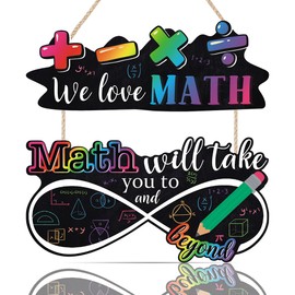 FWIEXA We Love Math Hanging Sign (11.4”x4.3”,11.4”x5.9”), Back to School Welcome Plaque, Funny Math Elements First Day of School Decor for Preschool Kindergarten Classroom Playroom