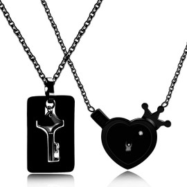 Uloveido Stainless Key to Heart Couples Jewelry, Crown Tag Love Lock & Shield Key Pendants Necklaces Set for Him and Her Y844-Black