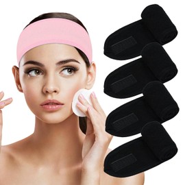 Spa Facial Headband Head Wrap Adjustable Terry Cloth Hair Band 4 Counts Stretch Towel for Washing Face, Skincare，Shower, Facial Mask Bath, Makeup and Sport (Black 4 Pack)