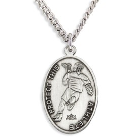 Heartland Store Men's Sterling Silver Oval Saint Christopher Lacrosse Medal + 24 Inch Sterling Silver Chain & Clasp| USA Made