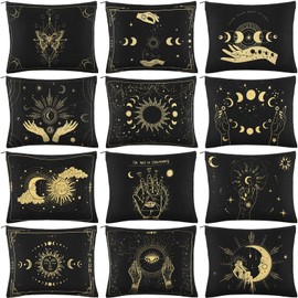12 Pcs Moon Witch Zipper Pouch Bag Tarot Cards Bags 9.25 x 6.9 Inch Phase Cosmetic Bags Witchy Purse Sun Canvas Makeup Bags Gothic Aesthetic Crystals Toiletry Bags Witch Gift for Women Girls
