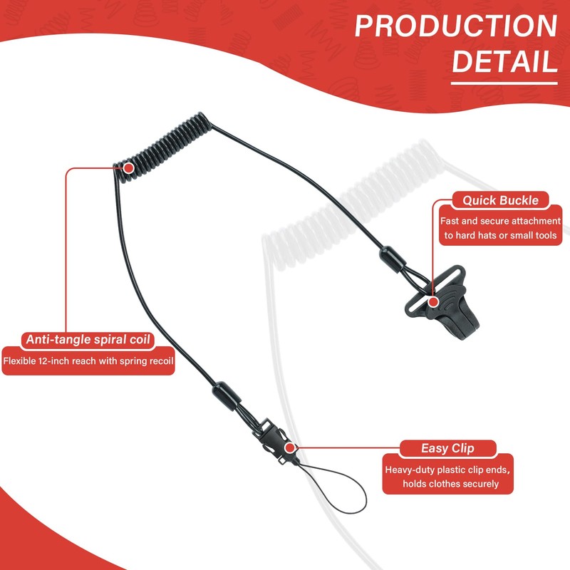 Coiled Lanyard,Hard Hat Lanyard with Clamp End,Hard Hat Tether,No Snag