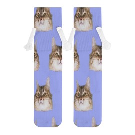 1 Pair Soft Socks White Holding Hands, Compression Knee High Stockings Long Athletic Circulation 16x3.9 in Print Cat's Heads on Blue Seamless