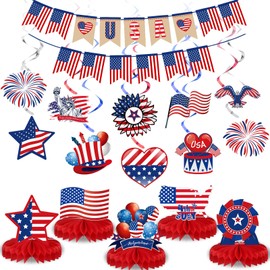Blosssound 27 Pcs 4th of July Decorations Set Patriotic Party Decor American Flag Banner USA Hanging Swirls Independence Day Honeycomb Table Centerpieces for USA Office Home Memorial Day Supplies