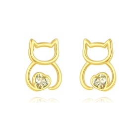 Cat Stud Earrings S925 Sterling Silver Simple Cat Earrings for Women 18K Gold Plated Cute Cat Earrings with Heart Yellow Cubic Zirconia