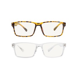 Visual Plus Blue Light Blocking Rectangular Reading Glasses for Men and Women 2-pack (Clear and Tortoise, 1.75)
