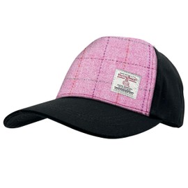 BRAW CLANS TARTANS Harris Tweed Baseball Cap | One Size | 100% Wool Front Panel | Traditional Bright Pink Check Tartan | Adjustable Metal Back | Unisex Gift for Men and Women.