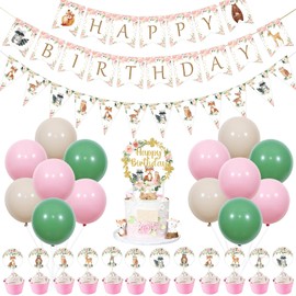 JOYMEMO Woodland Birthday Decorations for Girls, Floral Woodland Happy Birthday Banner, Woodland Creatures Cupcake Toppers, Pink Forest Animals Birthday Party Supplies