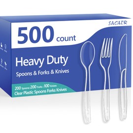 500 Count Clear Plastic Silverware Heavy Duty -Forks, Spoons,Knives