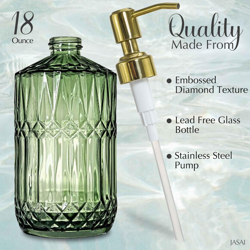 JASAI 18Oz Green Glass Soap Dispenser with Gold Rust Proof