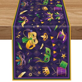Lemicin Mardi Gras Mask Table Runner, Carnival Irises Mask Purple Seasonal Tablecloth New Orleans Masquerade Party Table Runner for Kitchen Dining Home Decoration (14x 72 Inch)