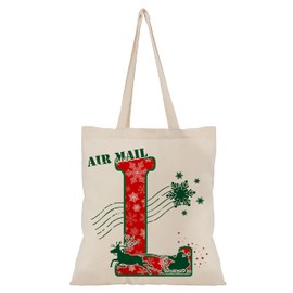 Christmas Initial Canvas Gift Bag for Women & Men - Large Christma Tote Bags for Xmas Gifts - Reusable Shoulder Bag for Party, Natural, Large