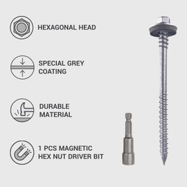 Marcopol (Pack of 6) Hex Screws with Self Drilling 1/4" x 5.5" Carbon Steel Screws with EPDM Washers for Sandwich Panel Fixing (6, 6.4 x 140mm), Grey