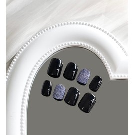 Press on Nails Short Square SWEKKE Black Fake Nails Full Cover False Nails with Blue Glitter Designs Glossy False Nails with Nail Glue Artificial Acrylic Nails for Women Girls 24 Pcs