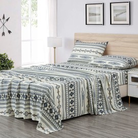 Chezmoi Collection 4-Piece Southwestern Tribal Lodge Bed Sheet Set, Full Size - Ivory Navy Brown Red Printed Microfiber Soft Breathable Deep Pocket Sheets and Pillowcases Set