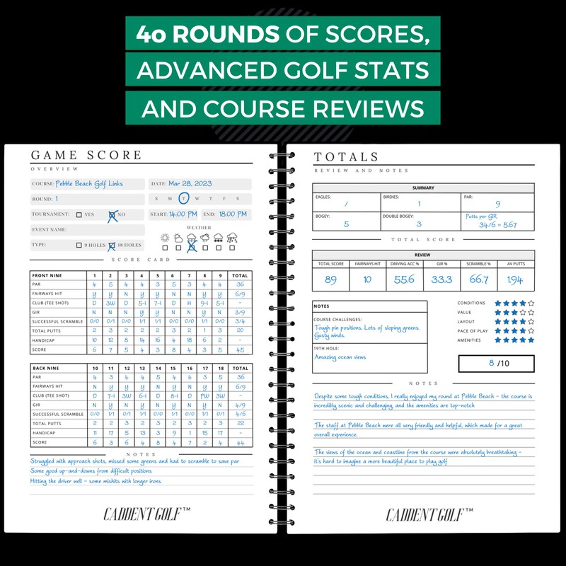 CADDENT GOLF Log Book - Wire-Bound Golf Notebook and Golf