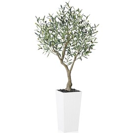 SOGUYI 6FT Artificial Olive Tree - UV Resistant Faux Plant for Indoor & Outdoor Decor - Fake Floor Plant in White Taper Planter
