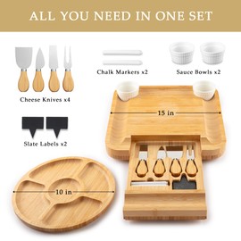 Zulay Kitchen Premium Bamboo Charcuterie Board - Extra Thick Bamboo Board with 4 Piece Knife Set - Perfect for Charcuterie, Wine and Cheese