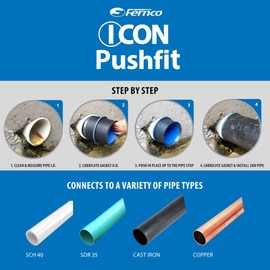 Fernco 6" ICON Pushfit DWV Internal Coupling Sheared Off Pipe Connector, Plastic, Cast Iron and Copper