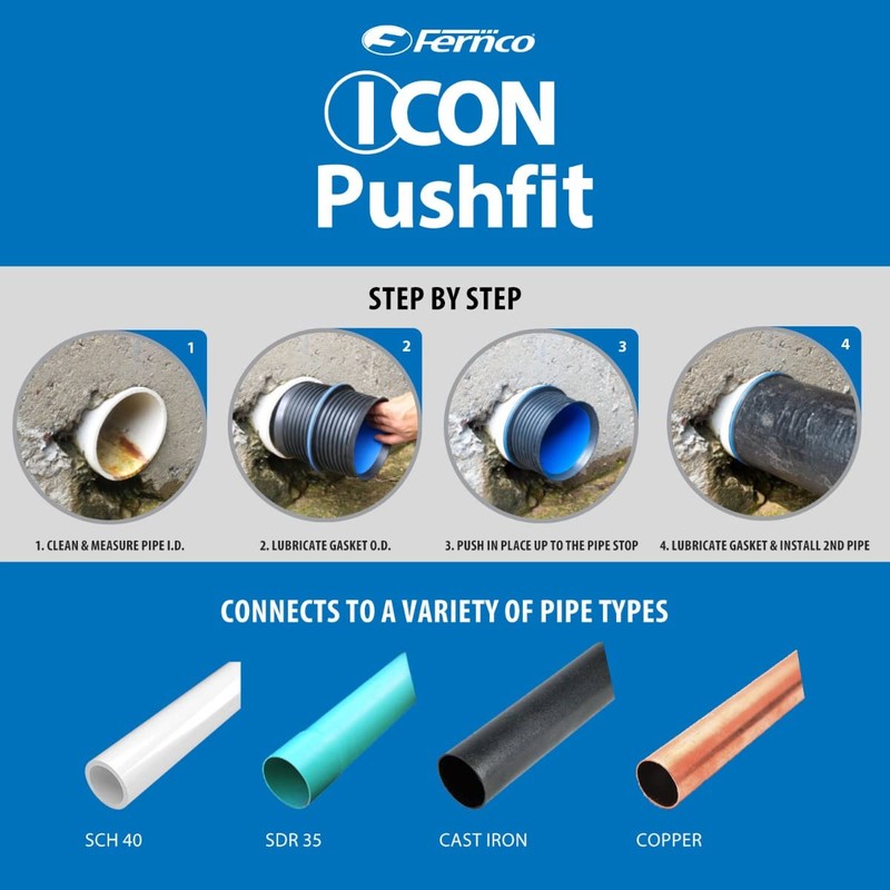 Fernco 6" ICON Pushfit DWV Internal Coupling Sheared Off Pipe