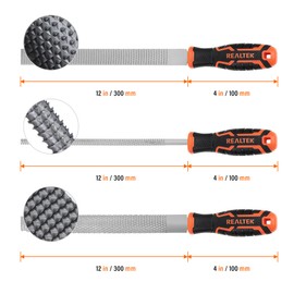 REALTEK 3-Piece 12" Wood Rasp File Set with 4" Longer Rubber Grip, T12 High Carbon Wood File Set for Woodworking, Flat/Half Round/Round Perfect Wood Files for Wood Manual Cutting and Sharping