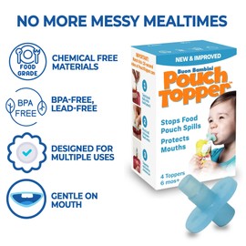 Soft Sip Baby Food Pouch Toppers - 100% Silicone, Dishwasher-Friendly and Mess-Free Feeding for Babies 6 Months+, Universal Fit for All Brands, Ideal for Chunky Meals, and Travel - Aqua Blue, 4 Packs